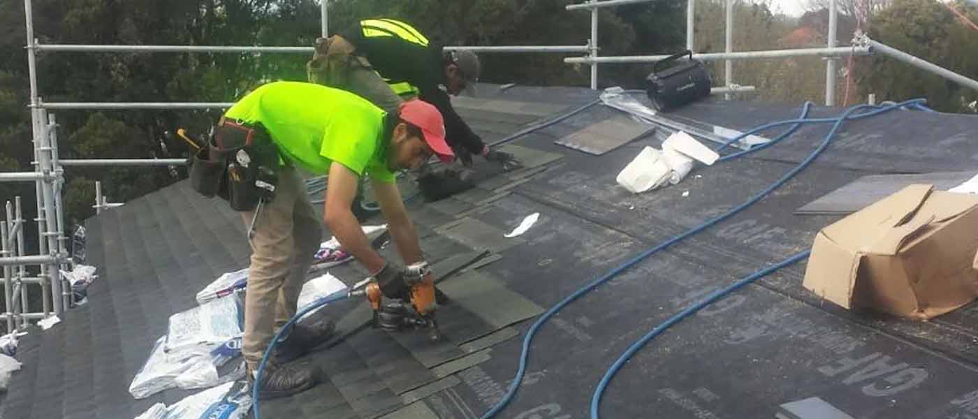 Roofing team installing GAF asphalt shingles on an Auckland home with scaffolding and edge protection